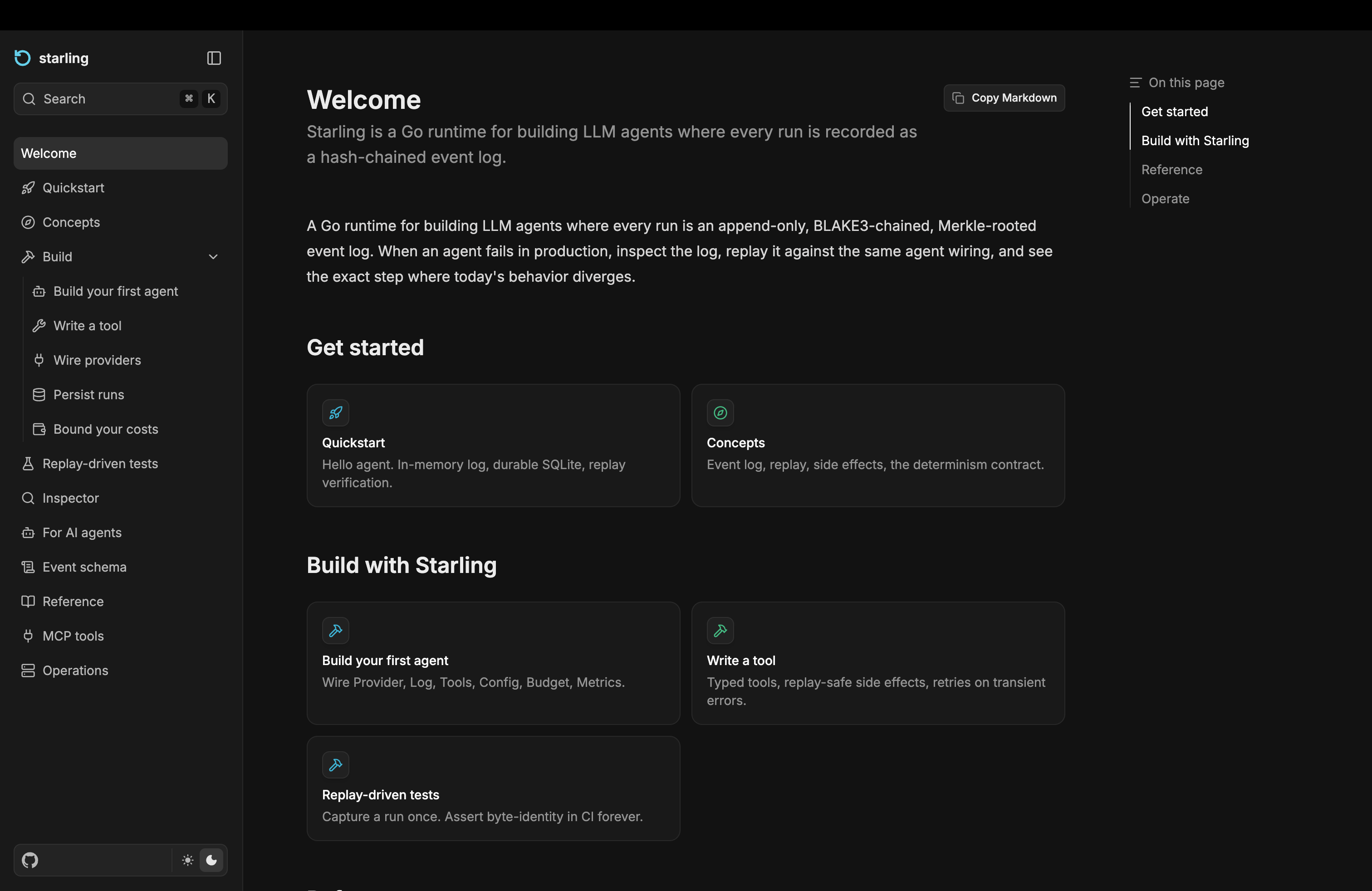 the starling docs site — quickstart, concepts, build guides, replay-driven tests, inspector reference