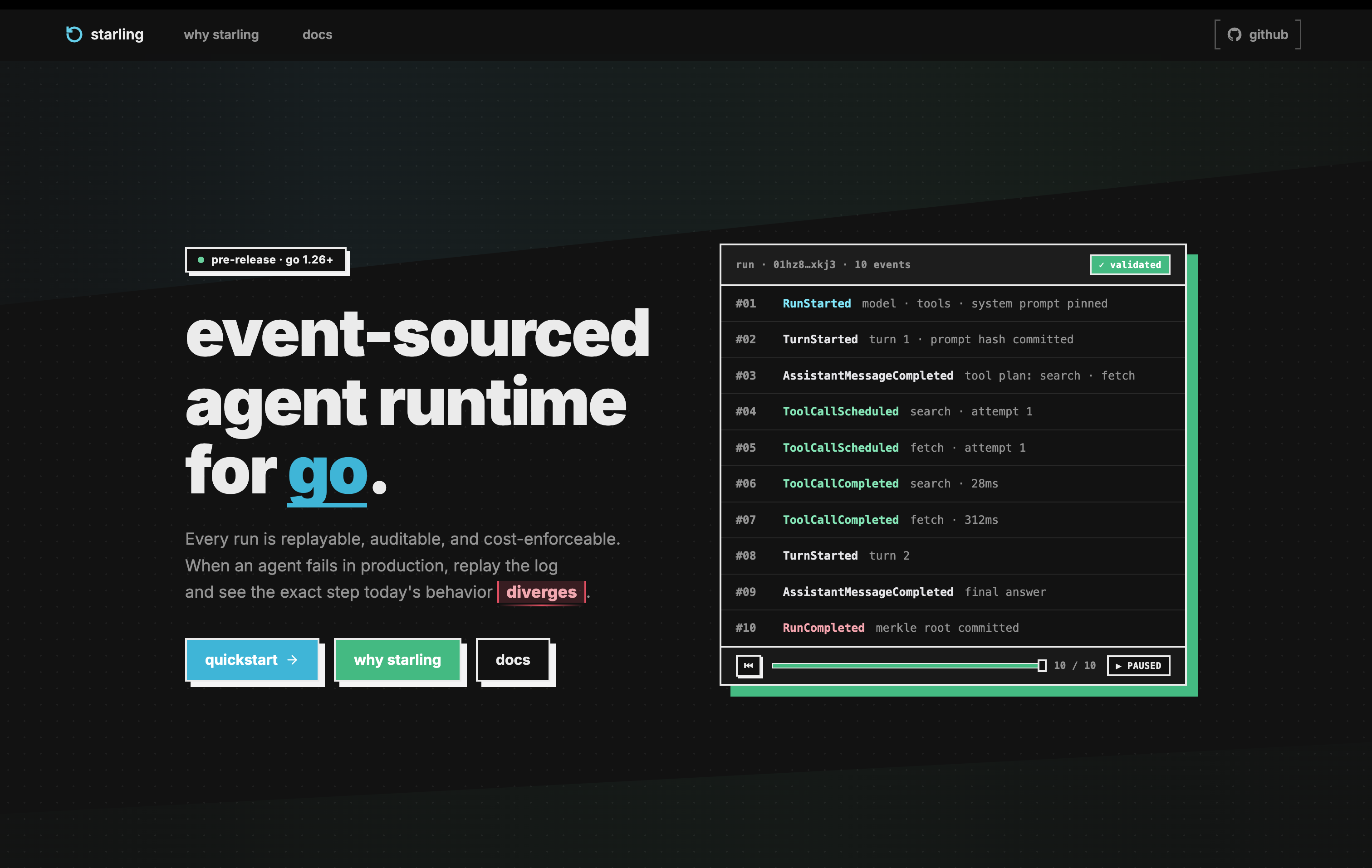 the starling landing page — every run as a typed, hash-chained event log with replay, divergence, and a merkle root committed at the end